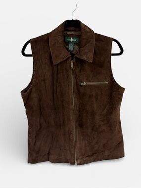 Hunt Club Genuine Leather Vest Brown Zip Front Western Vintage Women’s Size 8